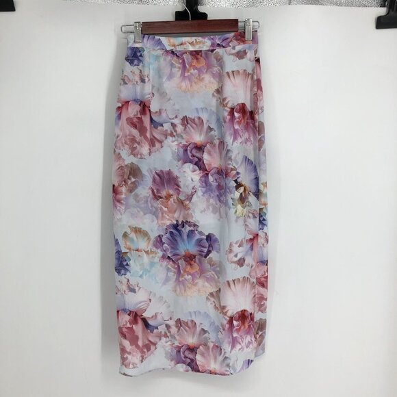 Ever New  Spring-Toned Multicolor Floral Lizzie drape thigh split midi skirt 2 - Picture 2 of 13